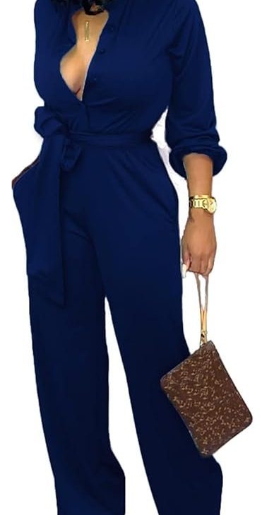SxClub Jumpsuits for Women Formal Sexy Elegant Long Straight Pants Busineess Party Jumpsuit with Belt Pockets, Dark Blue, Small