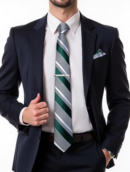 DiBanGu Men's Emerald Green Grey Striped Tie Silk Woven Necktie Pocket Square Cufflink Set Formal