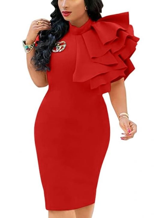XXTAXN Women's Cocktail Bodycon Ruffle Sleeveless Formal Mini Pencil Dress, Red, X-Large