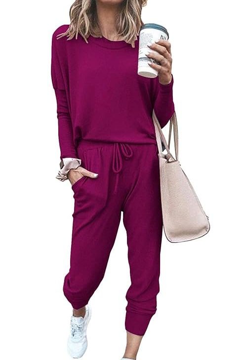 PRETTYGARDEN Women’s Solid Two Piece Outfit Long Sleeve Crewneck Pullover Tops And Long Pants Sweatsuits Tracksuits (Purple, Medium)