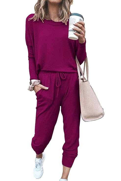 PRETTYGARDEN Women’s Solid Two Piece Outfit Long Sleeve Crewneck Pullover Tops And Long Pants Sweatsuits Tracksuits (Purple, Medium)