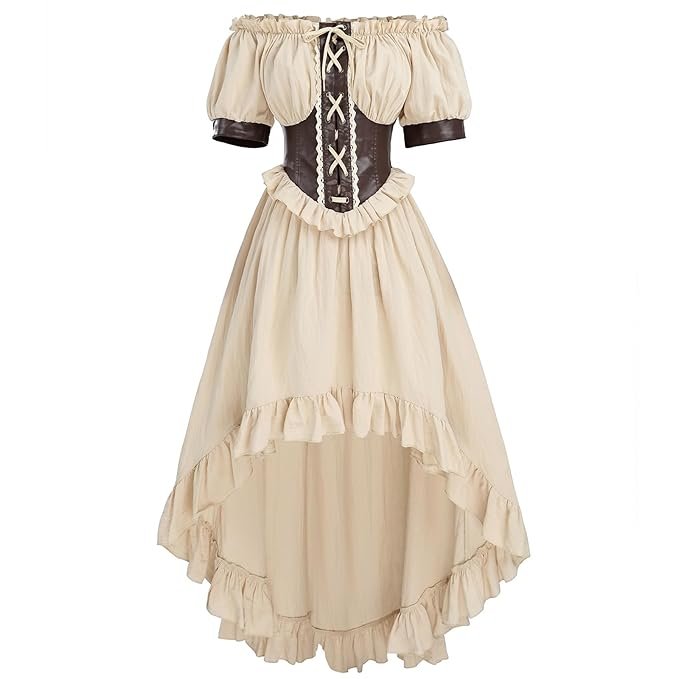 FCCAM Renaissance Dress Women Pirate Costume Ruffle Peasant High Low Dress