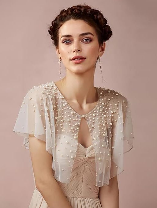 Mopmap Pearls Wedding Capes Shawl Wrap Shrug Bridal Evening Dress Jackets Flapper Bolero Cover Up for Party Formal