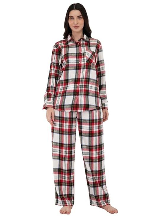 LUXELIV Women's Cotton Red and White Twill Check | Long Sleeve Shirt with Elastic Pyjama Set | Comfortable Fit Night Suit | Lounge Wear Sleepwear