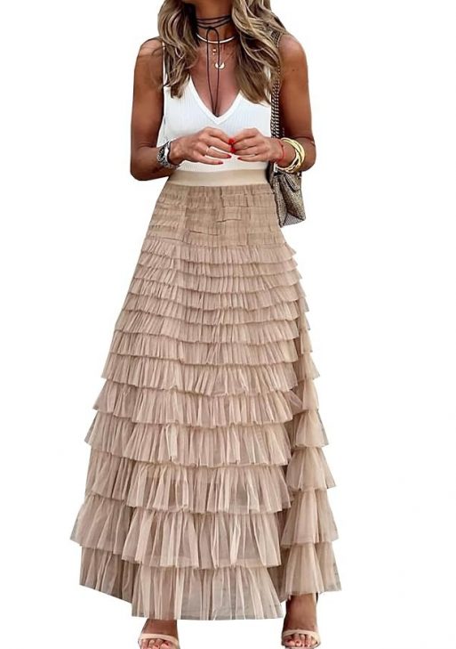 Womens Long Maxi Tulle Skirt A Line Ruffle Mesh High Waisted Tiered Layered Skirts Petticoat