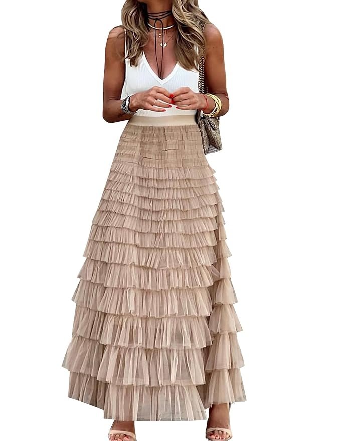 Womens Long Maxi Tulle Skirt A Line Ruffle Mesh High Waisted Tiered Layered Skirts Petticoat