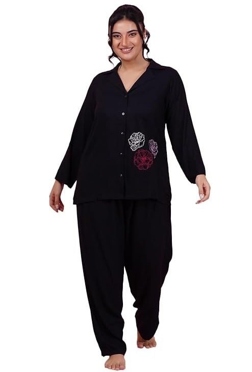 Lastinch Women Flower Embroidery Night Suit Set