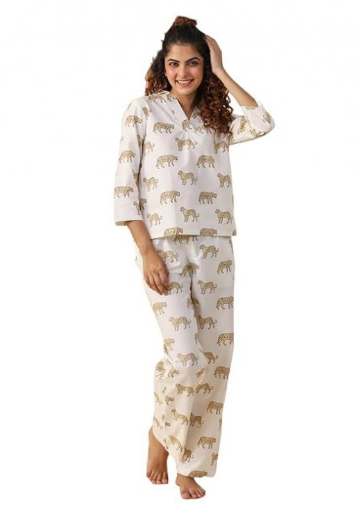 SAY Night Suit for Womens Printed White Pure Cotton Top with Trousers