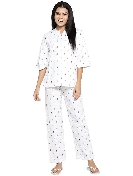 Shopbloom White Ice Cream Popsicle Print | V-Neck Cotton Women Night Suit | Lounge Wear | Night Wear