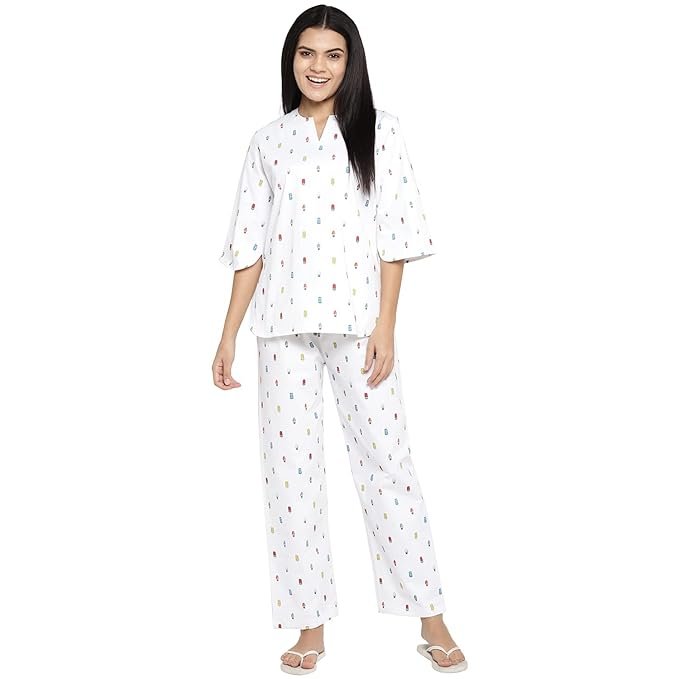 Shopbloom White Ice Cream Popsicle Print | V-Neck Cotton Women Night Suit | Lounge Wear | Night Wear