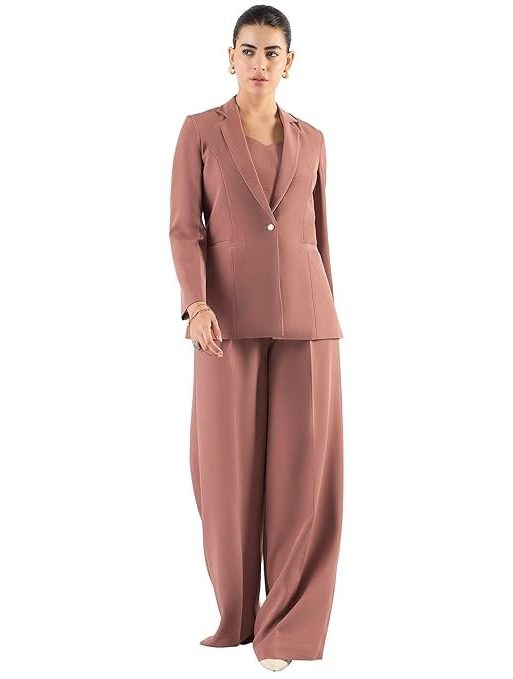 Powersutra Women’s Dusty Peach 3-Piece Formal Suit | Tailored-Fit Blazer, Waistcoat & Mid-Rise Trousers | Stretchable Fabric, Notched Lapel, Button Closure | Office & Business Wear