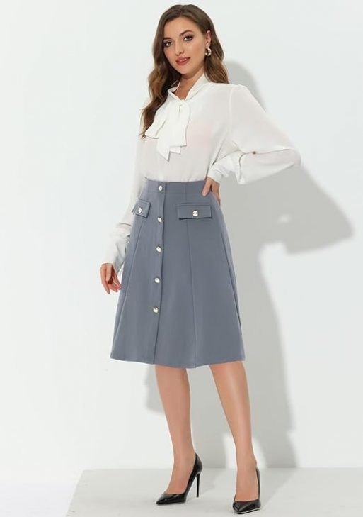 Allegra K Women's A-Line Button Front Work Formal Knee Length Skirt