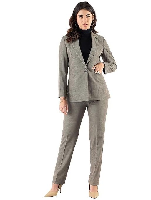 Powersutra Women’s Formal Checkered Blazer and Trouser Set | Notched Lapel Blazer with Tailored Mid-Waist Pants | 4-Way Stretch, Breathable, Wrinkle-Resistant Suit
