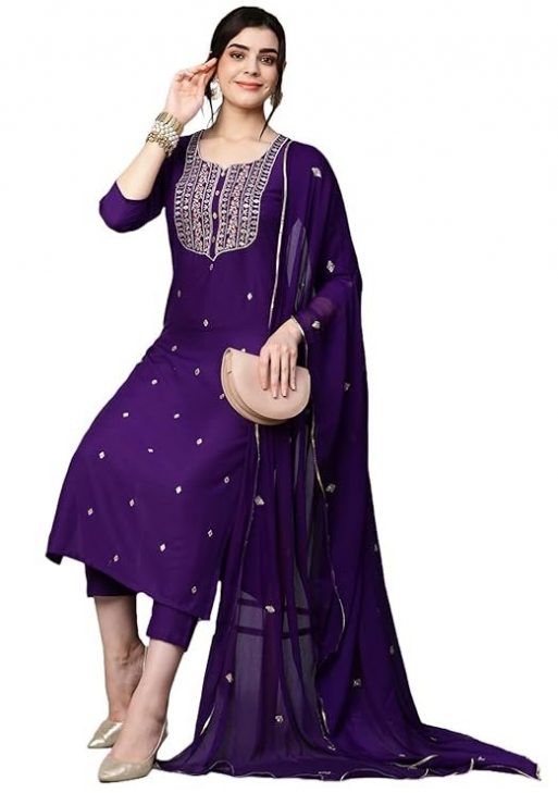 GoSriKi Women's Cotton Blend Embroidered Straight Kurta with Pant & Dupatta