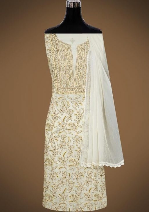 Ada Hand Embroidered Lucknowi Chikankari Unstitched Cotton Dress Material Suit Piece with Dupatta for Women 01A829724 Vanilla Yellow