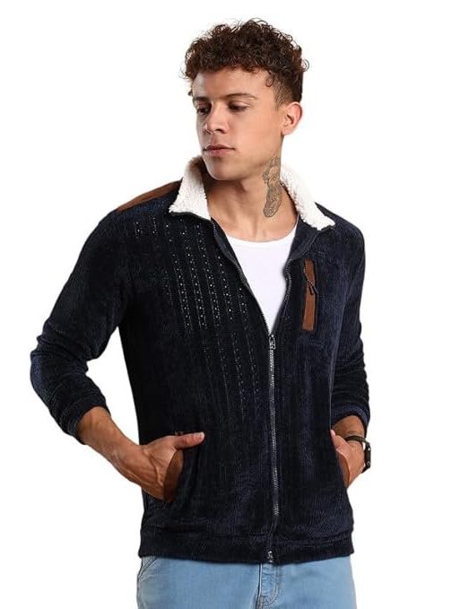 Campus Sutra Men's Zip-Front Jacket With Fleece Collar For Casual Wear | Spread Collar | Long Sleeve | Zipper Closure | Jacket Crafted With Comfort Fit For Everyday Wear