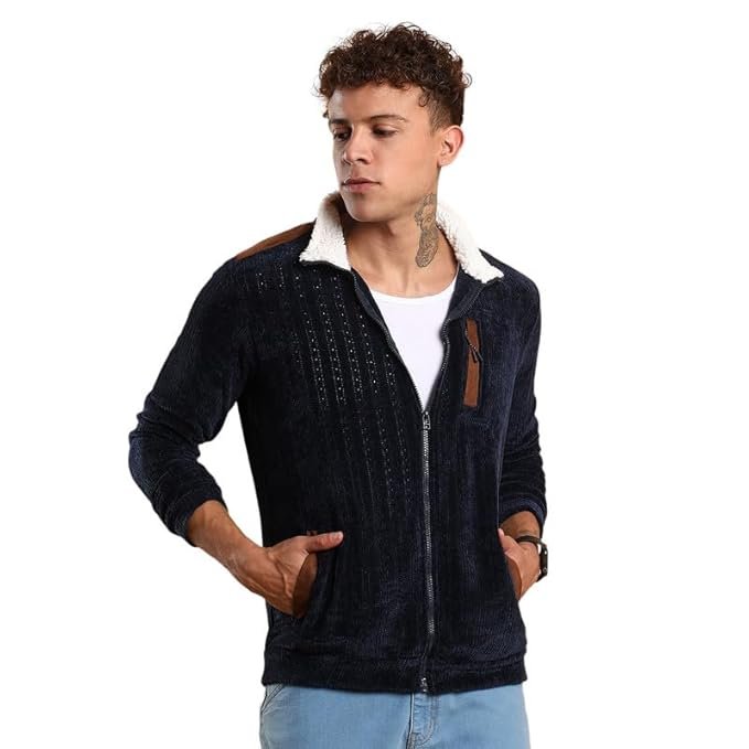 Campus Sutra Men's Zip-Front Jacket With Fleece Collar For Casual Wear | Spread Collar | Long Sleeve | Zipper Closure | Jacket Crafted With Comfort Fit For Everyday Wear
