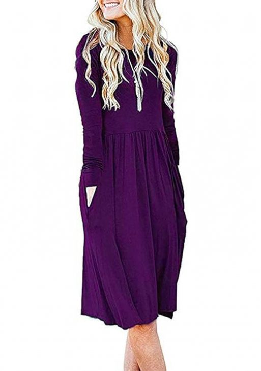 AUSELILY Women's Long Sleeve Pockets Pleated Loose Plain Flowy Formal T-Shirt Dress