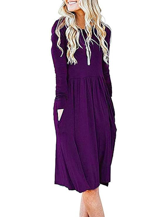 AUSELILY Women's Long Sleeve Pockets Pleated Loose Plain Flowy Formal T-Shirt Dress