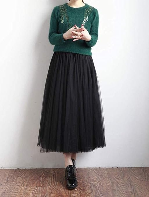 LBKKC Women's Midi Tulle Skirt Elastic Waist 3 Layered Mesh Formal Prom Party Tutu Skirt A Line