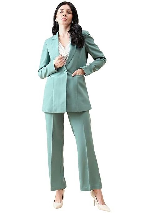Powersutra Women's Sage Green Notch Collar Stretch Suit with Blazer & Trousers | Single-Breasted | Button Closure | Elastic Waist Pants