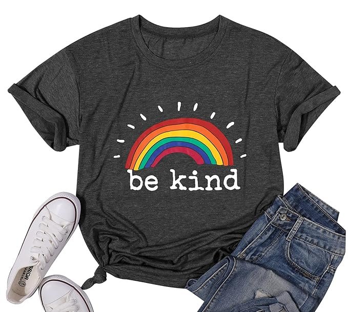Be Kind Rainbow Shirts for Women Short Sleeve Letter Printed Inspirational Tee Shirts