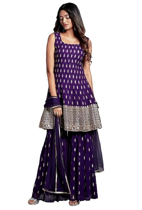 Xomantic Fashion Women's Embroiderd Work Navyblue Color Weding Wear Anarkali Kurta Sharara Set