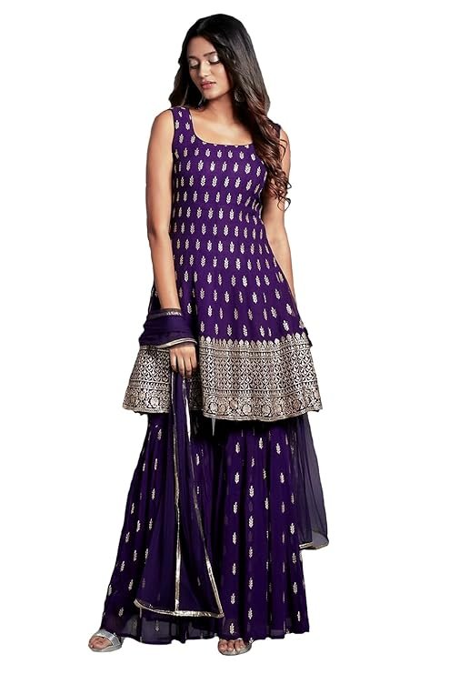 Xomantic Fashion Women's Embroiderd Work Navyblue Color Weding Wear Anarkali Kurta Sharara Set