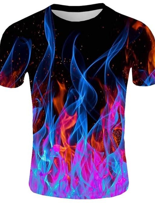 Sunward Men T-Shirt,Men's New Summer T-shirt With Round Neck Short Sleeve Blue Flame 3D Printed Top