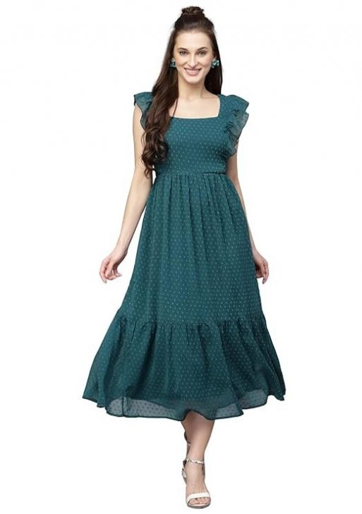 Sugathari Georgette Jacquard Butti Square Neck Knee Length Western Dresses for Women (Dress2 89)