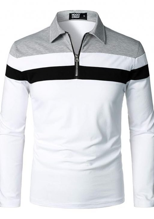 HOOD CREW Men’s Long Sleeve Polo Shirt Casual Slim Fit Shirts Contrast Color Patchwork T Shirts Cotton Tops