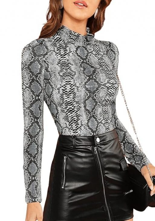 Floerns Women's Long Sleeve Mock Neck Slim Snakeskin T Shirt Tops
