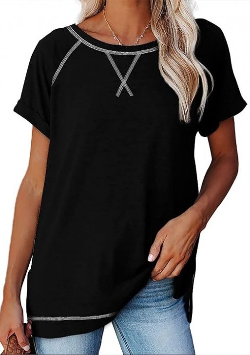 Aokosor Women's Casual Short Sleeve Round Neck Loose Tunic T Shirt Blouse Tops with Pocket