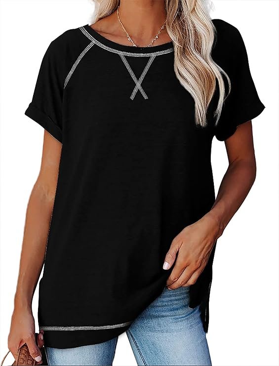 Aokosor Women's Casual Short Sleeve Round Neck Loose Tunic T Shirt Blouse Tops with Pocket