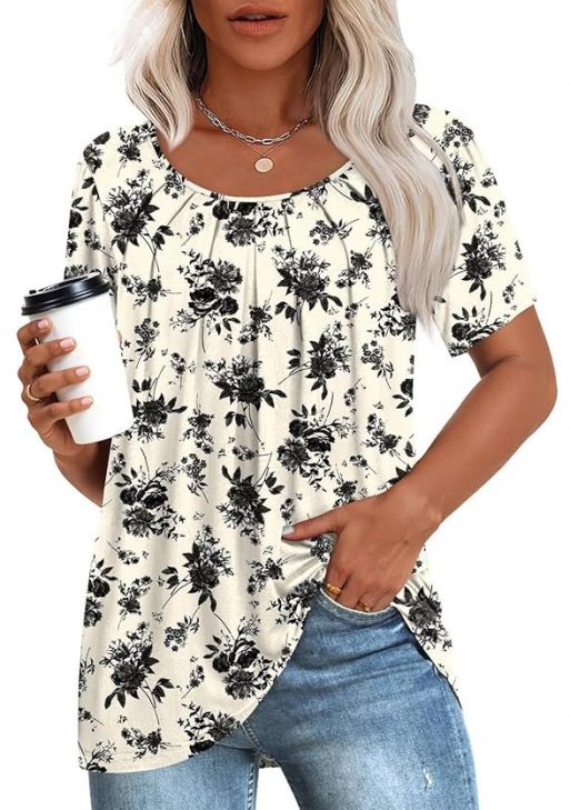 Anymeet 2023 Women's Summer Tunic Top Short Sleeve Casual Tshirts Pleated Loose Blouses for Leggings, Black Rose, XX-Large