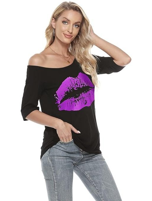 Magicmk Women Women Casual Plus Size Sexy Off Shoulder Lip Print T Shirt
