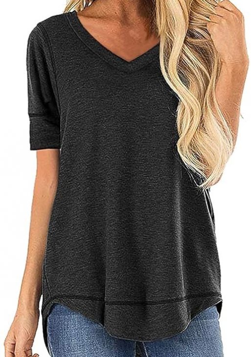 JomeDesign Summer Tops for Womens V Neck Short Sleeve T Shirts Loose Fit Side Split Tunic