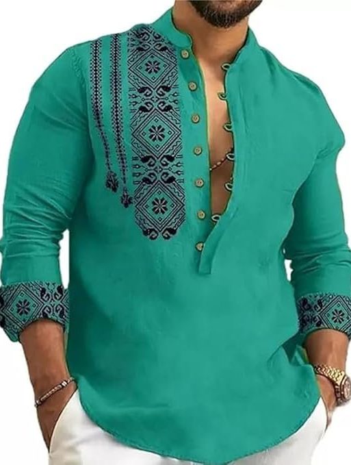 DEELMO Men's Cotton Blend Mandarin Collar Self One Design Full Sleeve Casual Short Kurta