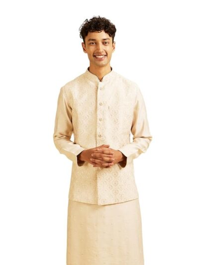 Manyavar Men's Art Silk Floral Embroidery Jacket Set